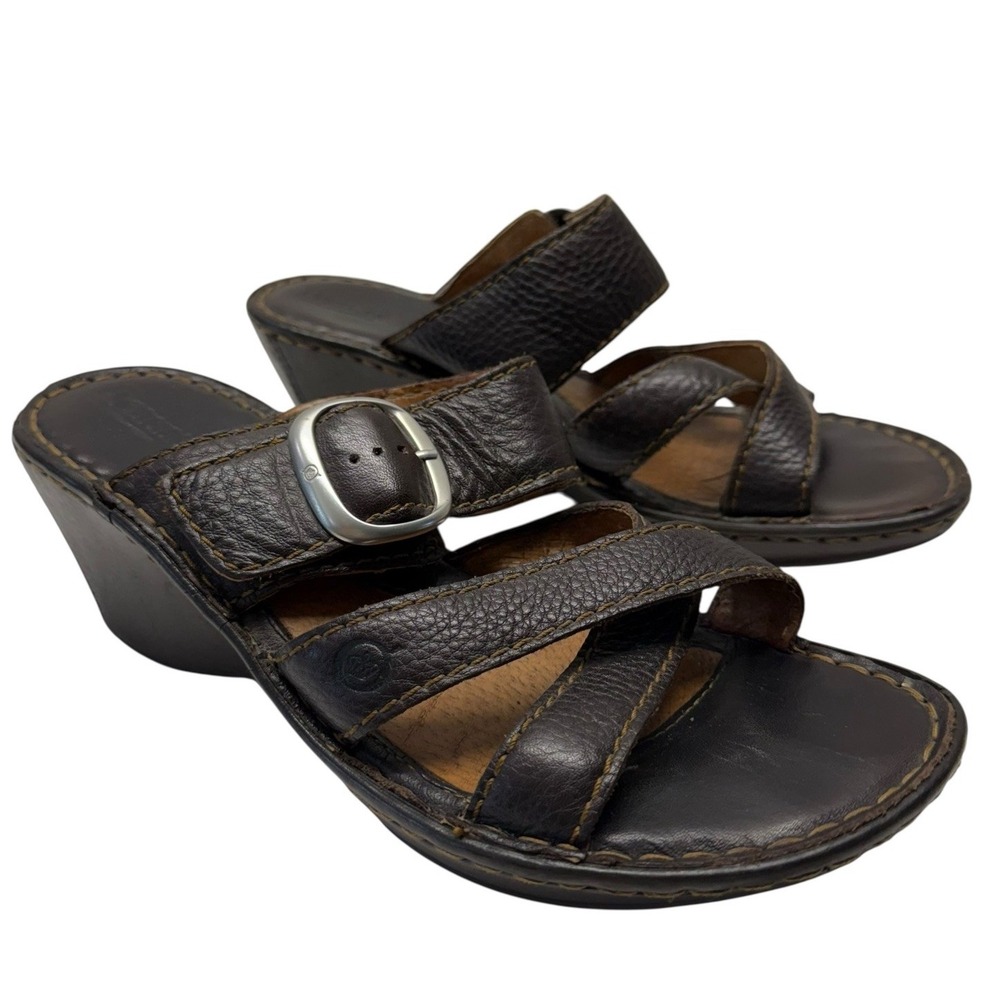 Born Brown Leather Wedge Slip On Sandals With Buckle Size 8/40.5 S-5‎